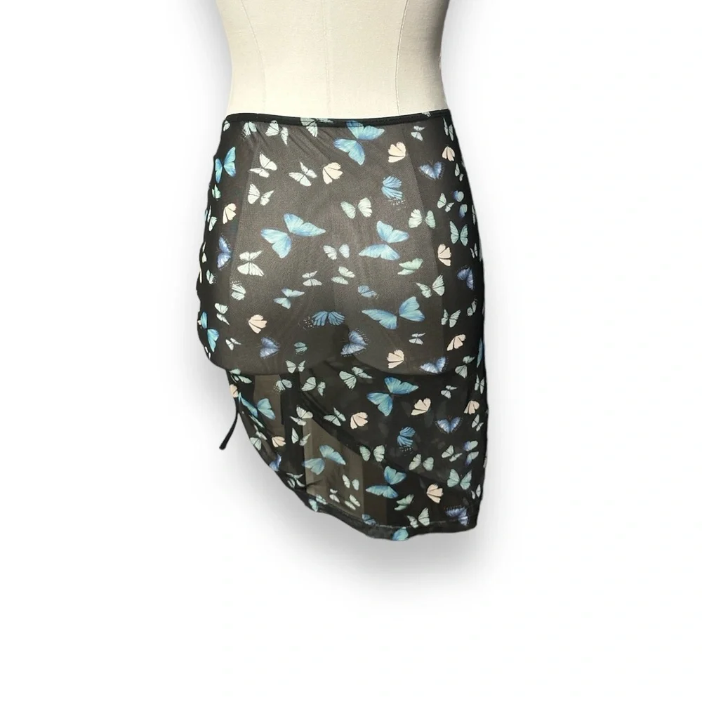 Butterfly print Mesh Cover Up with Drawstring Detail